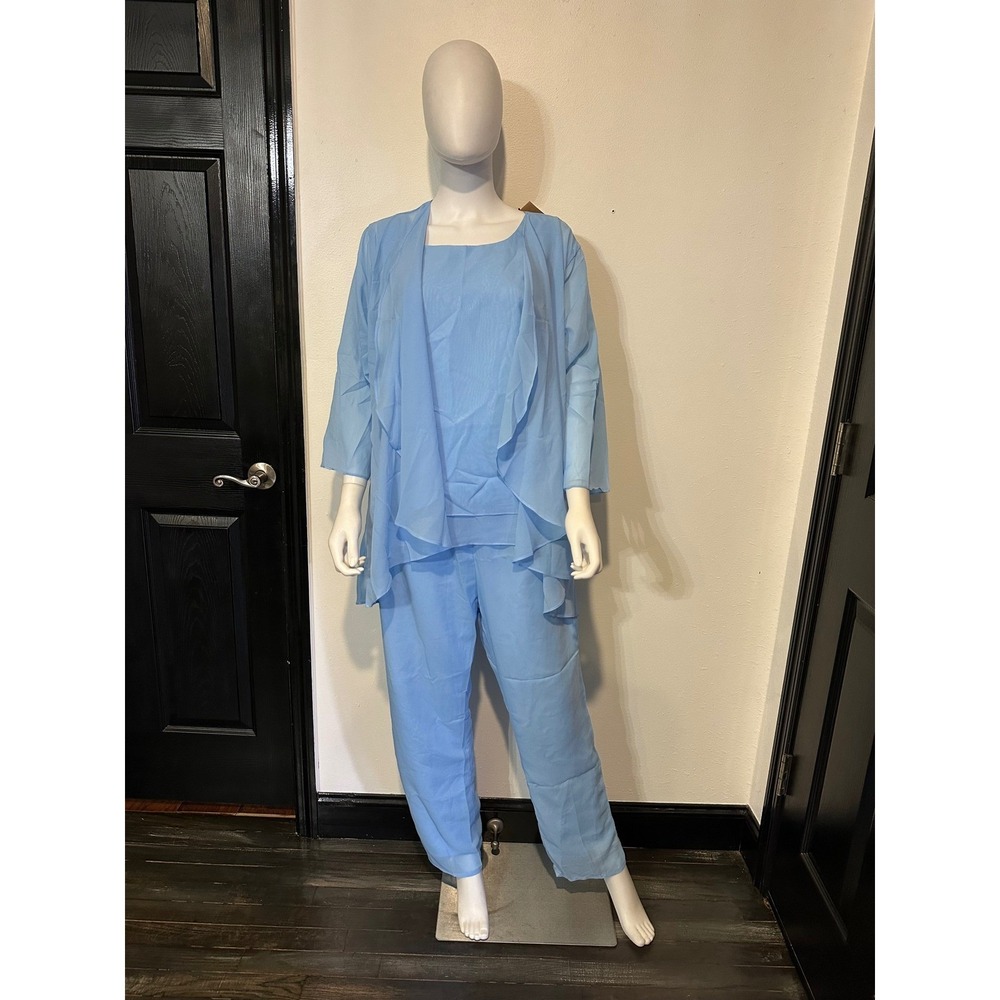 New Fashion Women Light Blue 3 Piece Chiffon Pant Suit Set Duster Blouse